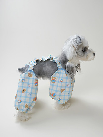 ブルーギンガムチェックの犬用ジャンプスーツ、クマ柄の四つ足ペットパンツ、小型犬用カジュアルホームウェア