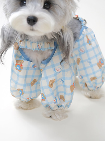 ブルーギンガムチェックの犬用ジャンプスーツ、クマ柄の四つ足ペットパンツ、小型犬用カジュアルホームウェア