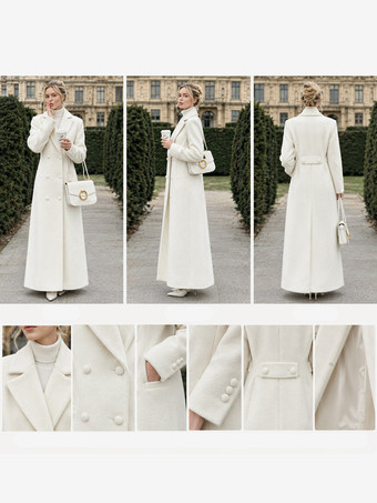 Woman's Outerwear Turndown Collar Elegant Shaping White Woolen Coat