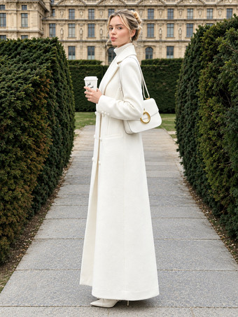Woman's Outerwear Turndown Collar Elegant Shaping White Woolen Coat