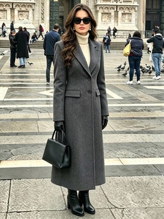 Deep GrayOuterwear For Woman Turndown Collar Casual Shaping Burgundy Wrap Coat