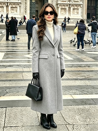 GrayOuterwear For Woman Turndown Collar Casual Shaping Burgundy Wrap Coat