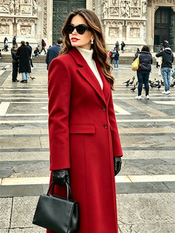 Red Outerwear For Woman Turndown Collar Casual Shaping Burgundy Wrap Coat