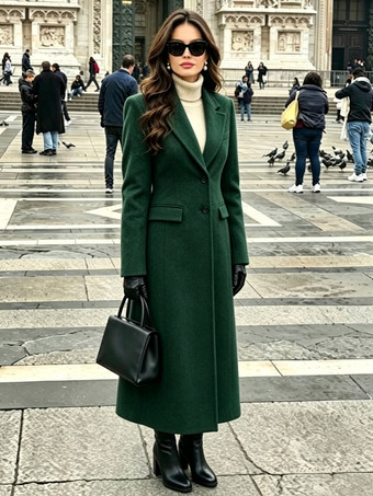 Green Outerwear For Woman Turndown Collar Casual Shaping Burgundy Wrap Coat