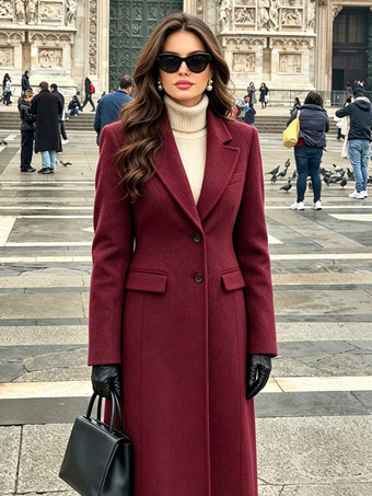 Burgundy Outerwear For Woman Turndown Collar Casual Shaping Burgundy Wrap Coat