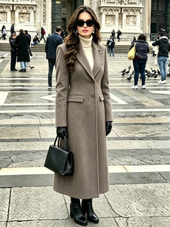 Camel Outerwear For Woman Turndown Collar Casual Shaping Burgundy Wrap Coat