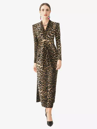 animal print semi formal dress Party Maxi Dresses Light Brown V-Neck Long Sleeves Elegant Dress Hoco dress