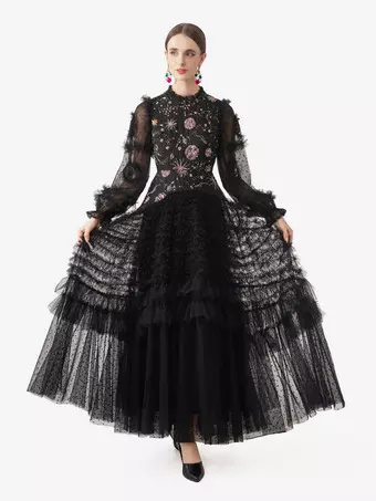 Party Dress Maxi Dresses Black Jewel Neck Beaded Long Sleeves Elegant Semi Formal Dress