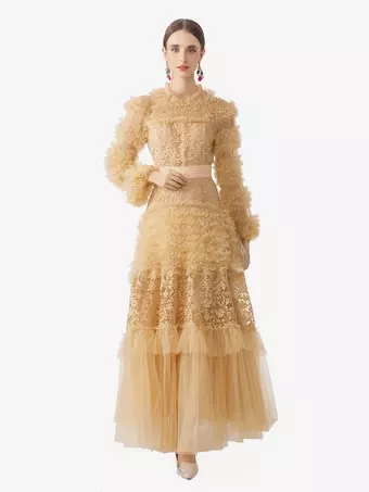 semi formal dresses with sleeves Party Dress Maxi Orange Jewel Neck Lace Long Elegant Dress bogodress2550