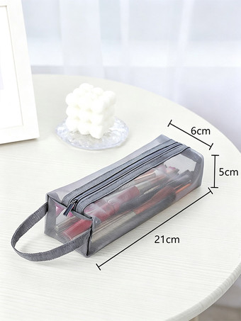 GrayMesh Makeup Brush Bag, Long Zippered Cosmetic Organizer With Handle