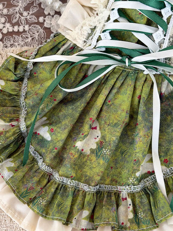 Robe pour animaux de compagnie en dentelle imprimée lapin vert jupe Lolita à volants style corset pour chats et petits chiens
