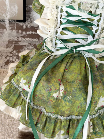 Robe pour animaux de compagnie en dentelle imprimée lapin vert jupe Lolita à volants style corset pour chats et petits chiens