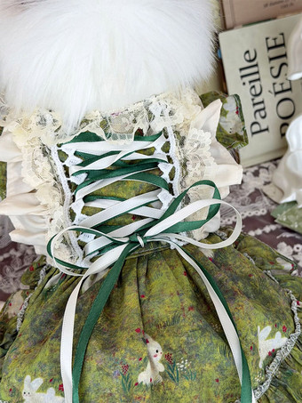 Robe pour animaux de compagnie en dentelle imprimée lapin vert jupe Lolita à volants style corset pour chats et petits chiens