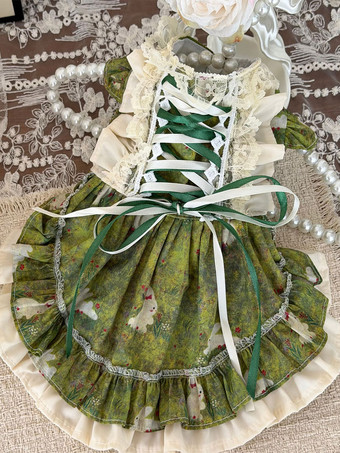 Robe pour animaux de compagnie en dentelle imprimée lapin vert jupe Lolita à volants style corset pour chats et petits chiens