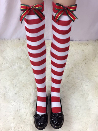 グリーン レディース ニーハイソックス クリスマス キャンディケーン ストライプ リボン結び オーバーニーソックス