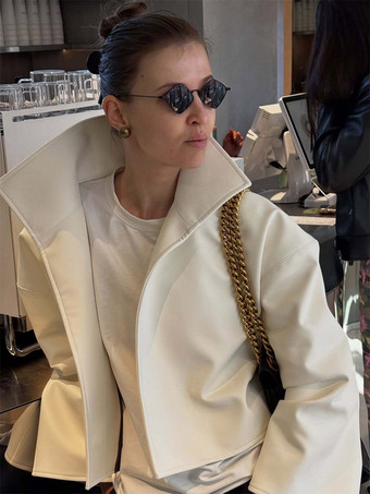 blanc Veste en cuir pour femme marron rougeâtre ample courte col montant en similicuir