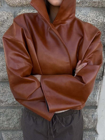 Brun acajouVeste en cuir pour femme marron rougeâtre ample courte col montant en similicuir
