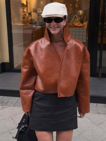 Veste en cuir pour femme marron rougeâtre ample courte col montant en similicuir