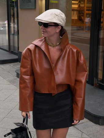 Veste en cuir pour femme marron rougeâtre ample courte col montant en similicuir