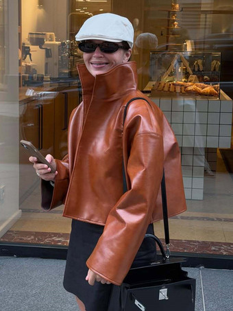 Veste en cuir pour femme marron rougeâtre ample courte col montant en similicuir