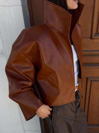 Veste en cuir pour femme marron rougeâtre ample courte col montant en similicuir