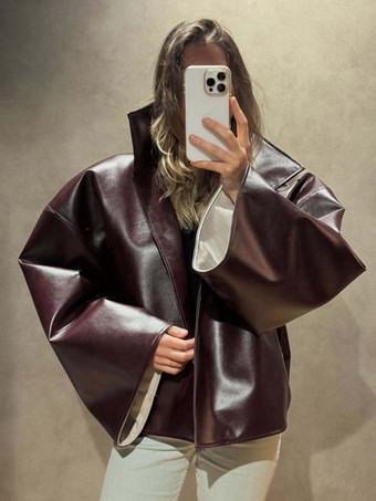 Bordeaux Veste en cuir pour femme marron rougeâtre ample courte col montant en similicuir