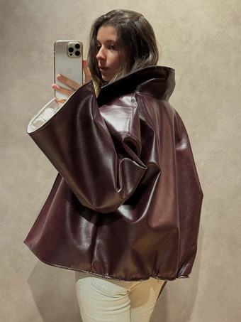 Veste en cuir pour femme marron rougeâtre ample courte col montant en similicuir