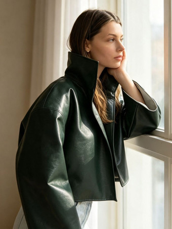 noir Veste en cuir pour femme marron rougeâtre ample courte col montant en similicuir