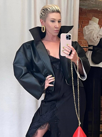 Veste en cuir pour femme marron rougeâtre ample courte col montant en similicuir