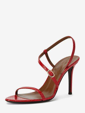 レッド ゴールドのハイヒールサンダル、メタリックなオープントゥ、バックルディテールのドレスサンダルシューズ
