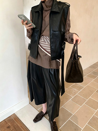 レディース フェイクレザー ワイドレッグパンツ ハイウエスト ルーズパンツ カジュアル ストリートウェア