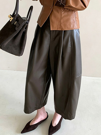 レディース フェイクレザー ワイドレッグパンツ ハイウエスト ルーズパンツ カジュアル ストリートウェア