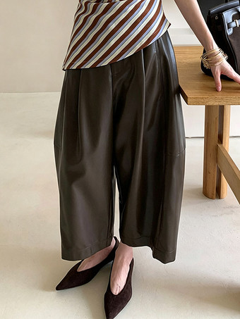 レディース フェイクレザー ワイドレッグパンツ ハイウエスト ルーズパンツ カジュアル ストリートウェア