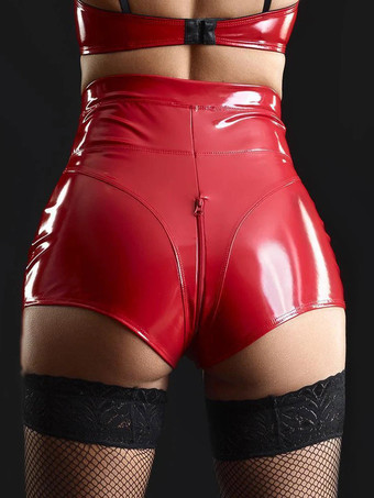 レディース ハイウエスト パテントレザー ショートパンツ セクシー ジッパーフロント ビニール ホットパンツ