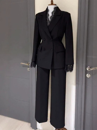 ブラック レディースパンツスーツ ダブルブレスト スリムフィットブレザー ワイドレッグパンツ ワークパンツスーツ