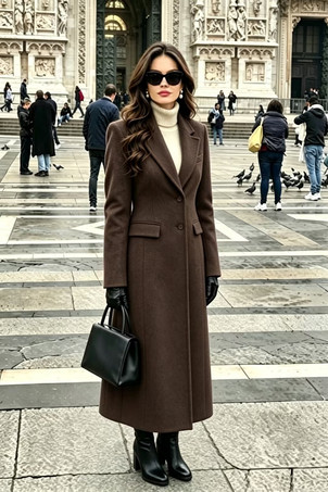 BrownOuterwear For Woman Turndown Collar Casual Shaping Burgundy Wrap Coat