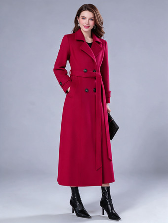 Women's Long Double Breasted Trench Coat Red Windbreaker Winter Overcoat