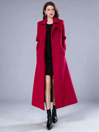 Women's Long Double Breasted Trench Coat Red Windbreaker Winter Overcoat