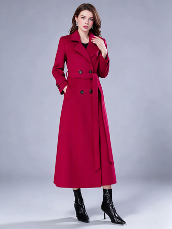Women's Long Double Breasted Trench Coat Red Windbreaker Winter Overcoat