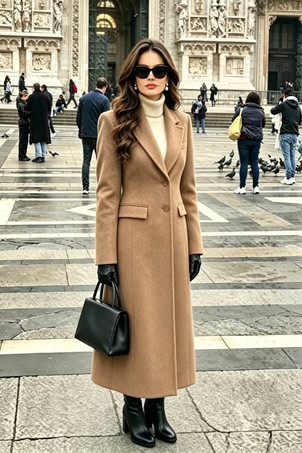 Light Brown Outerwear For Woman Turndown Collar Casual Shaping Burgundy Wrap Coat