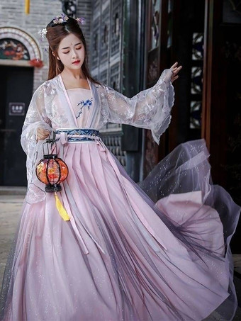 ピンク大人用中国風コスチューム ライトスカイブルー ハロウィン ポリエステルセット スカート ホリデーコスチューム