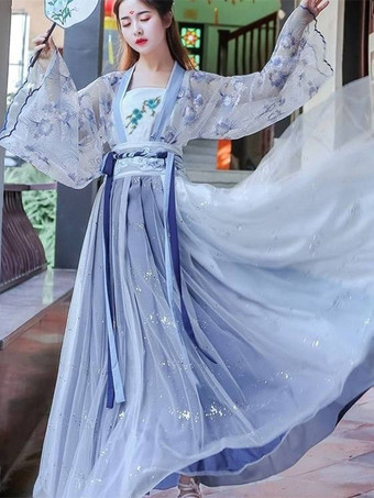 ライトスカイブルー大人用中国風コスチューム ライトスカイブルー ハロウィン ポリエステルセット スカート ホリデーコスチューム