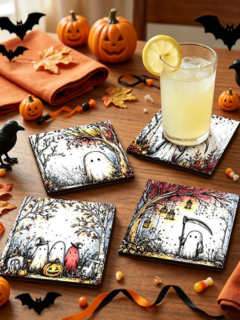 ハロウィン木製コースター、ゴーストメープルリーフデザイン、厚手の耐熱鍋敷き、装飾的なテーブルトップコースター