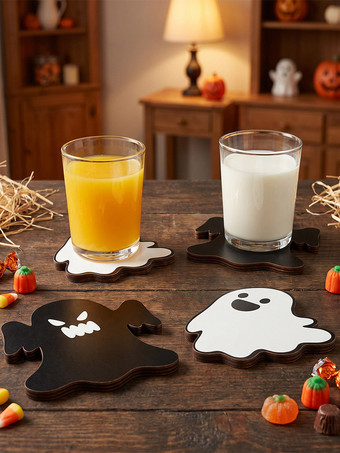 ハロウィン木製コースター、ゴーストメープルリーフデザイン、厚手の耐熱鍋敷き、装飾的なテーブルトップコースター