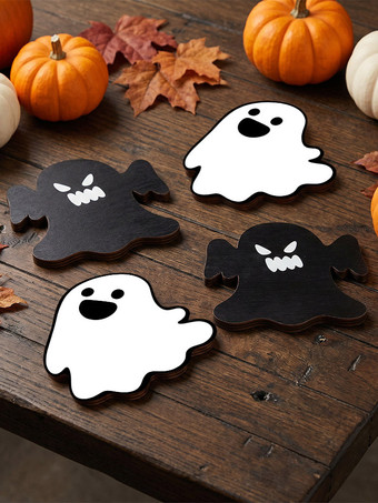 デザインCハロウィン木製コースター、ゴーストメープルリーフデザイン、厚手の耐熱鍋敷き、装飾的なテーブルトップコースター