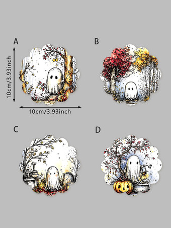 ハロウィン木製コースター、ゴーストメープルリーフデザイン、厚手の耐熱鍋敷き、装飾的なテーブルトップコースター