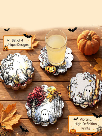 ハロウィン木製コースター、ゴーストメープルリーフデザイン、厚手の耐熱鍋敷き、装飾的なテーブルトップコースター