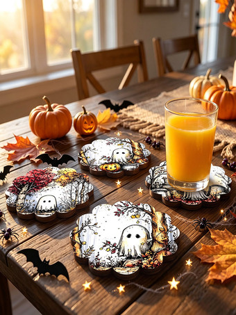 デザインBハロウィン木製コースター、ゴーストメープルリーフデザイン、厚手の耐熱鍋敷き、装飾的なテーブルトップコースター