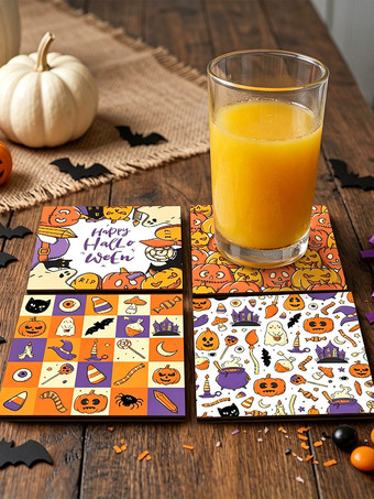 デザインAハロウィン木製コースター、ゴーストメープルリーフデザイン、厚手の耐熱鍋敷き、装飾的なテーブルトップコースター