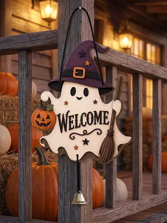 ハロウィンの幽霊の木製ウェルカムサイン、魔女の帽子、ほうき